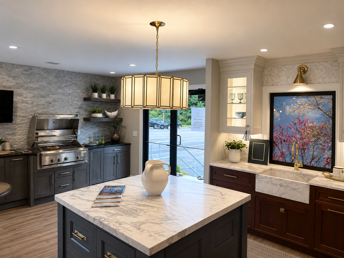 Dome pendants on brass chain over marble kitchen island with wood cabinetry in Hanover MA by Luster and Volt