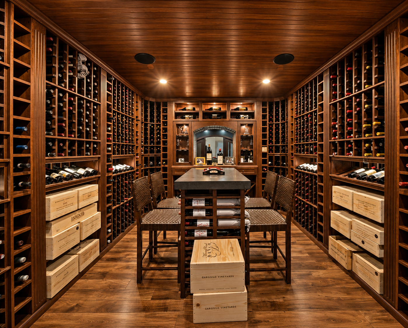 Custom wine cellar with recessed accent lighting and wood cabinetry in Newton MA by Luster and Volt